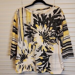 Chicos Easywear Womens Blouse Top Size PETITE Yellow & Black Floral 3/4 Sleeve
